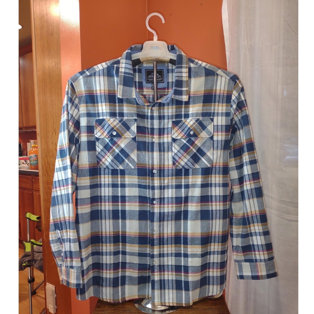 Mens Flannel Shirt 2XL Blue Plaid Long Sleeve Button Up Casual‎ - Picture 3 of 12